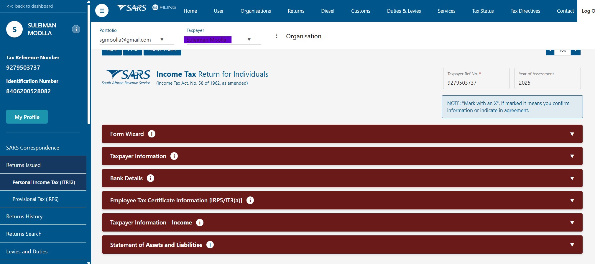Realistic SARS eFiling Interface